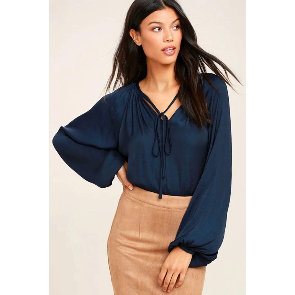 Ramy Brook Navy Blue Satin V-Neck Tie Blouse Elastic Hem Long Sleeve Top Medium